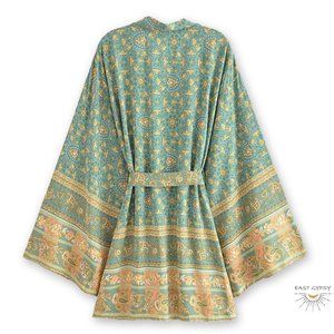 Kendal Green Floral Blossom Boho Kimono Robe